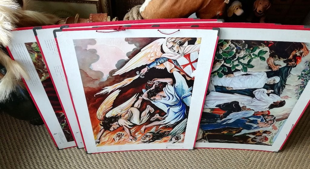 8 stuks oude bijbelse schoolplaten religie 63 x 75 cm foto's, Ophalen of Verzenden