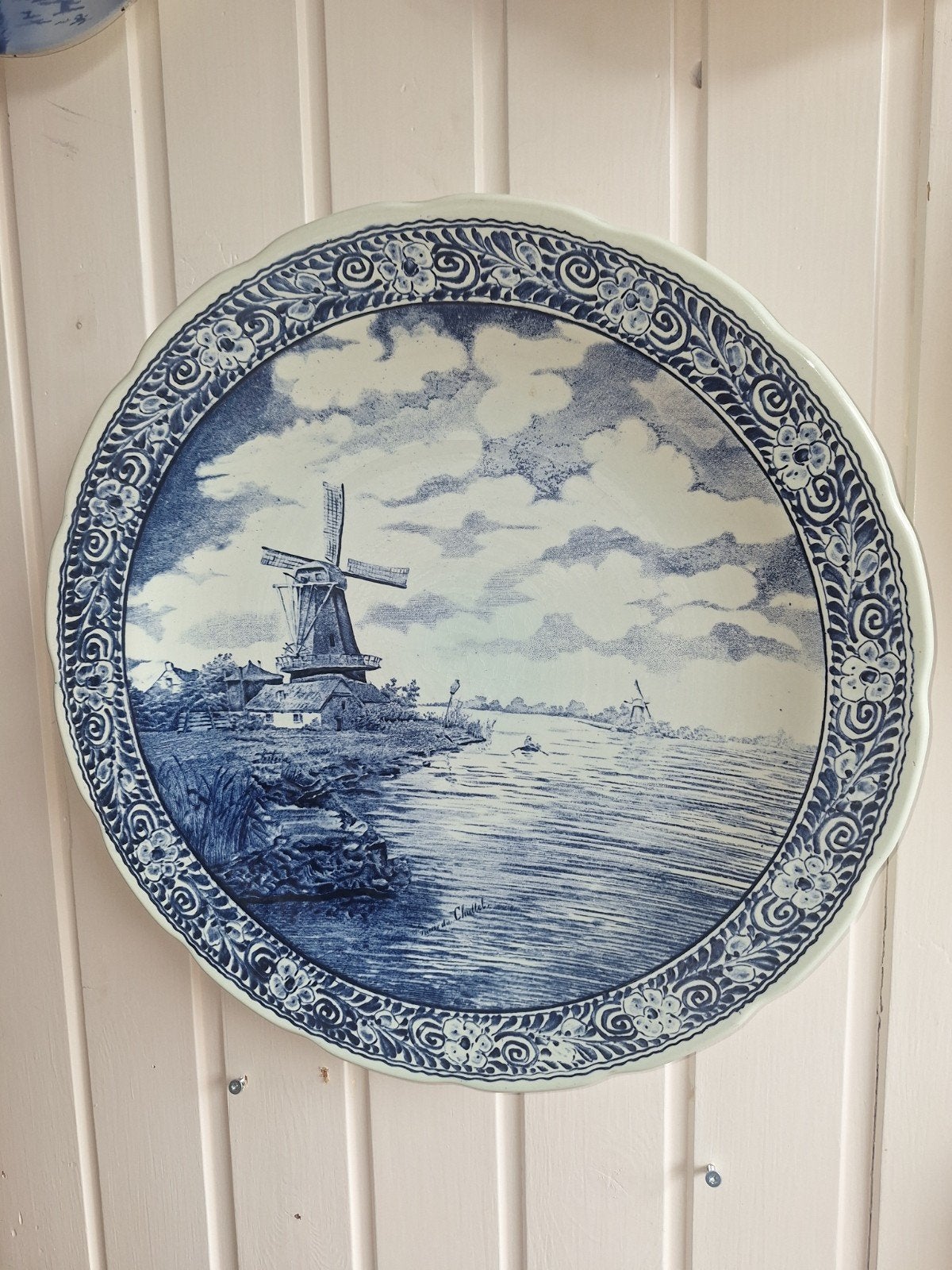 Delfts Blauw Wandbord met Molenlandschap, Ophalen