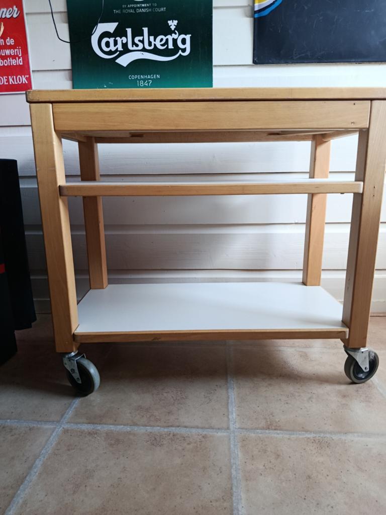 Houten serveerwagen / bijzettafel op wielen, Ophalen, Minder dan 55 cm, Gebruikt, 60 cm of meer