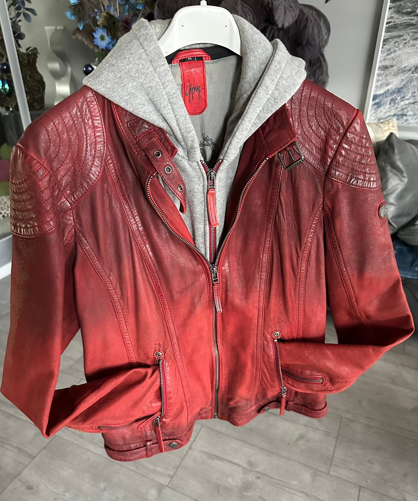 Gipsy leren jasje met afritsbare capuchon , Xl, Ophalen of Verzenden, Zo goed als nieuw, Maat 42/44 (L), Rood