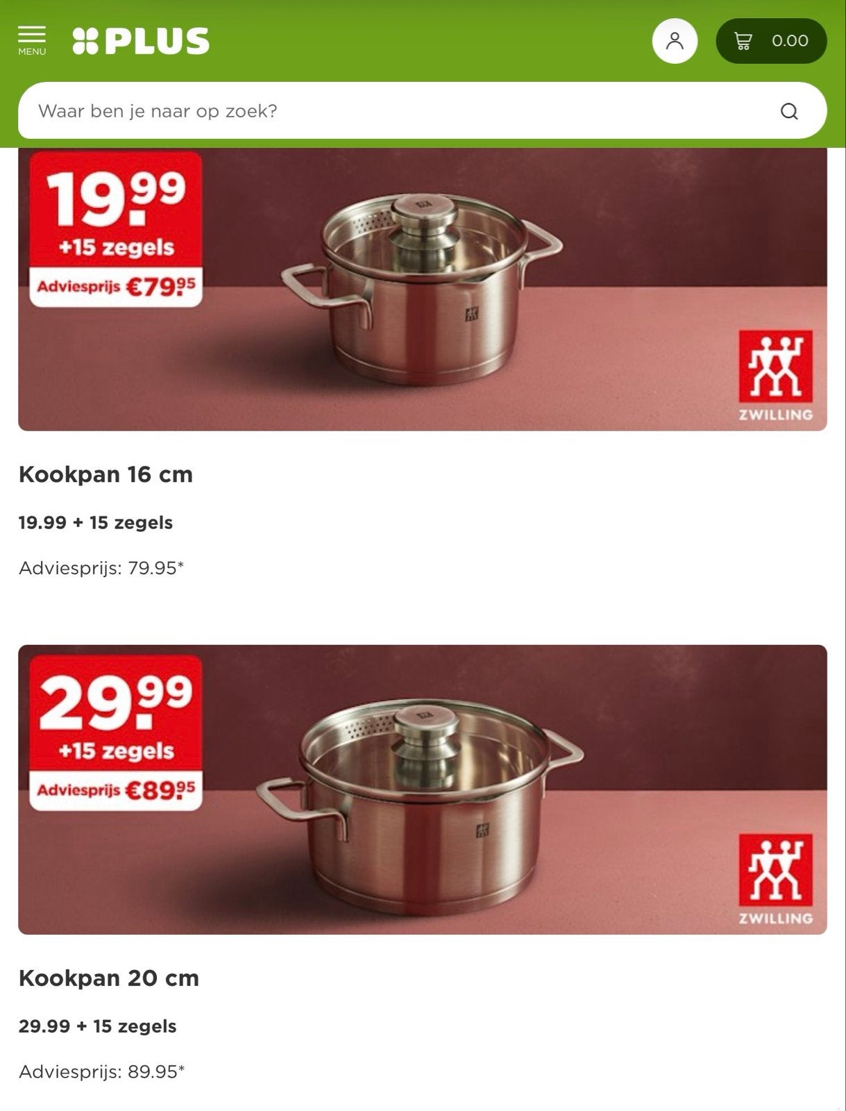 GEZOCHT: Zwilling pannen meerdere afmetingen., Huis en Inrichting, Nieuw, Ophalen of Verzenden, Rvs, Kookpan