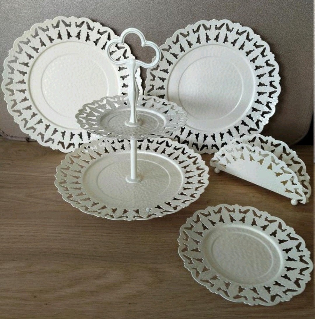 Metalen etagere, servethouder en 3 schaaltjes/bordjes, Huis en Inrichting, Demontabel, Etagère, Metaal, Verzenden