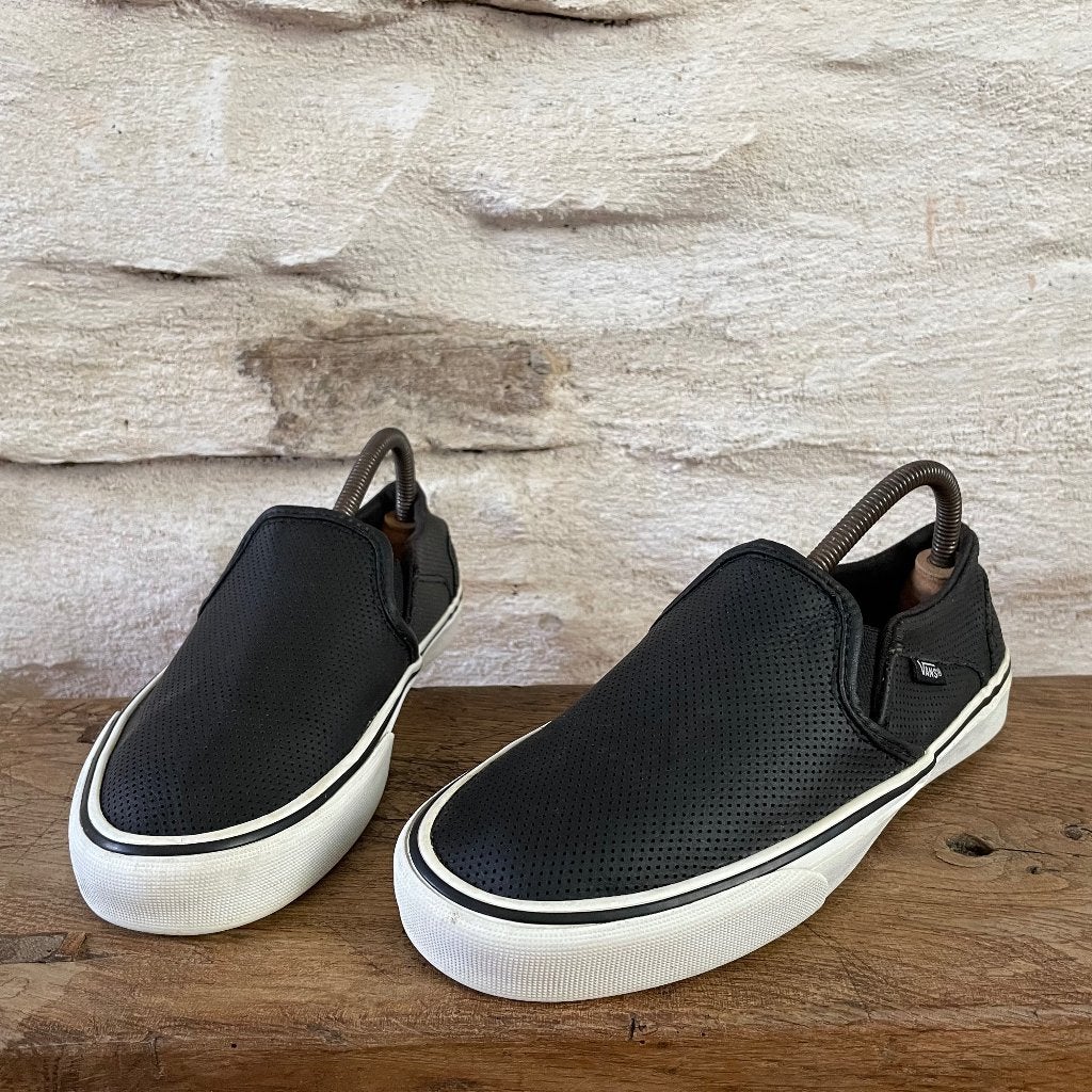 Vans Slip‑On Leather Sneakers – Zwart – Maat 38 – S‑017, Verzenden, Zwart, Sneakers of Gympen, Gedragen