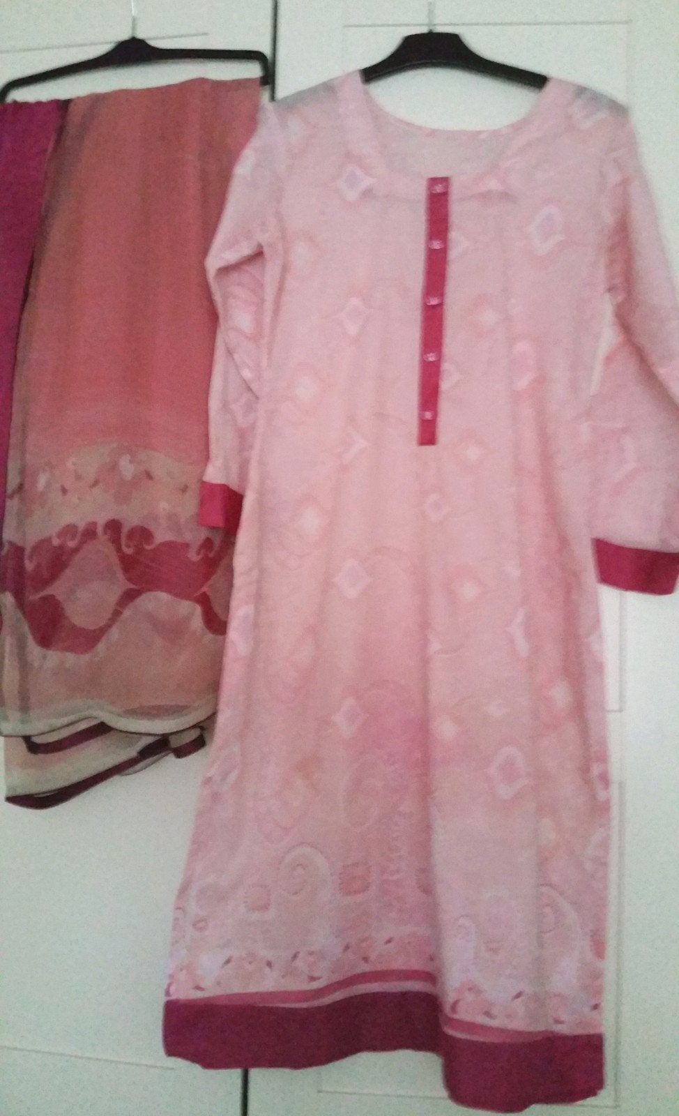 Roze Indiase katoen jurk met broek en sjaal - Maat S, Ophalen of Verzenden, Zo goed als nieuw, Roze, Maat 36 (S)