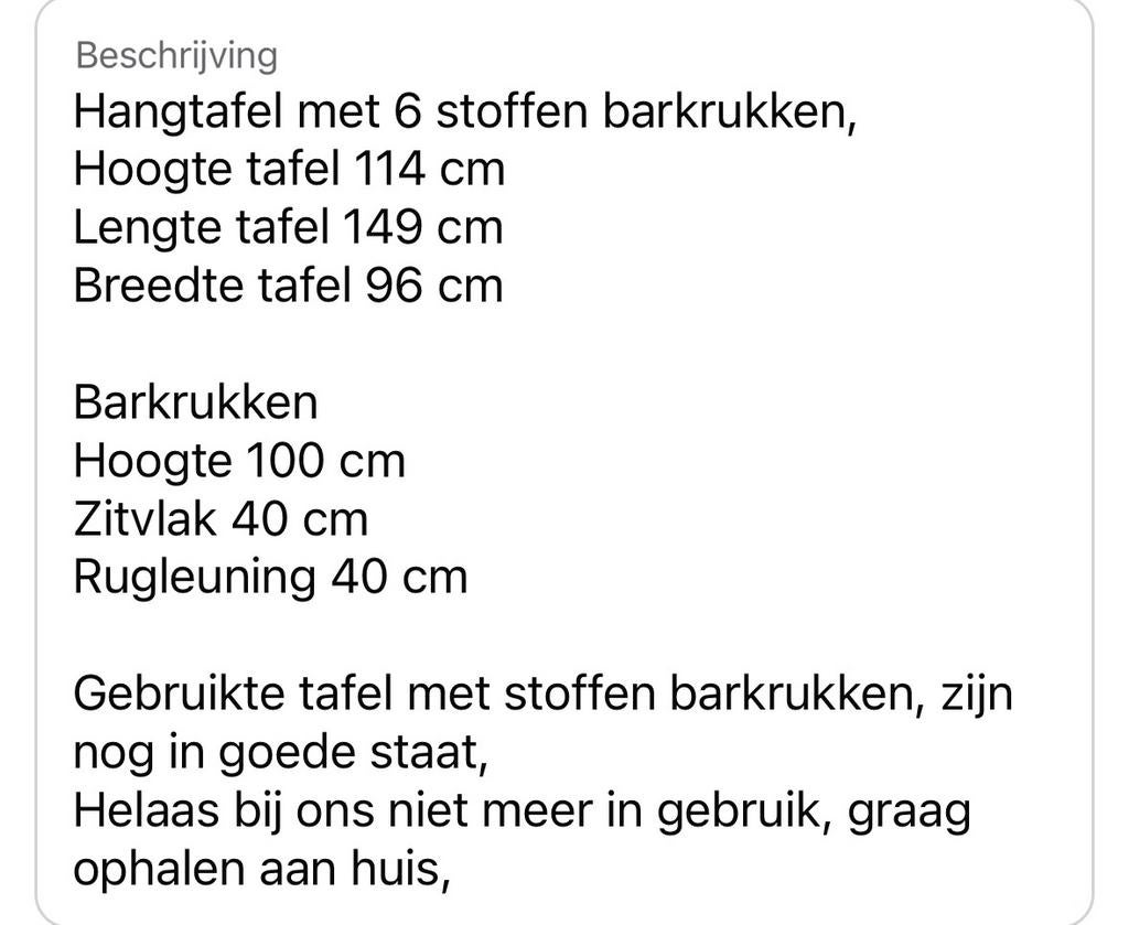 Hangtafel met 6 barkrukken, 5 krukken of meer, Ophalen, Gebruikt, 30 tot 60 cm