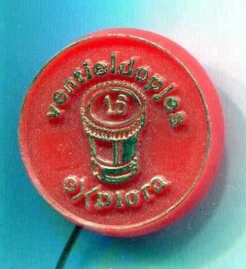 Explora ventieldopjes goud op rood plastic speldje ( F_132 ), Verzenden, Nieuw, Transport, Speldje of Pin