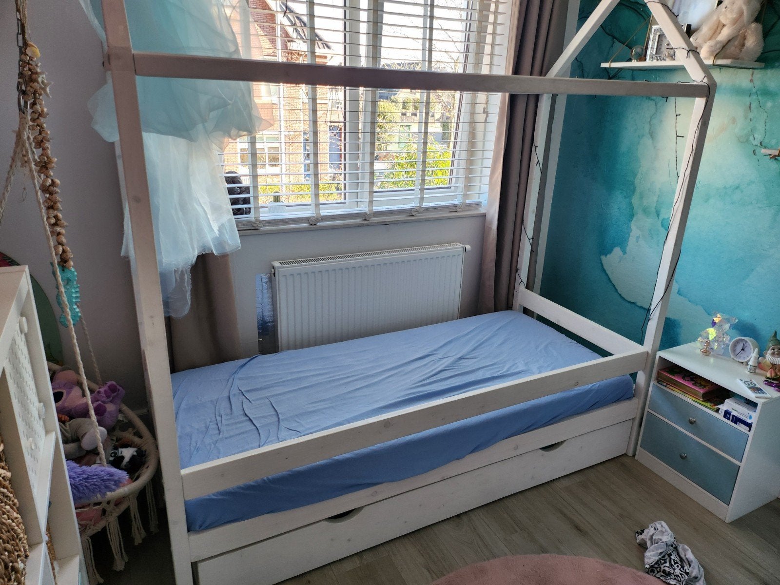 Steigerhouten kinderbed 180x80 met opberglade, Ophalen, Gebruikt, 70 tot 85 cm, Lattenbodem
