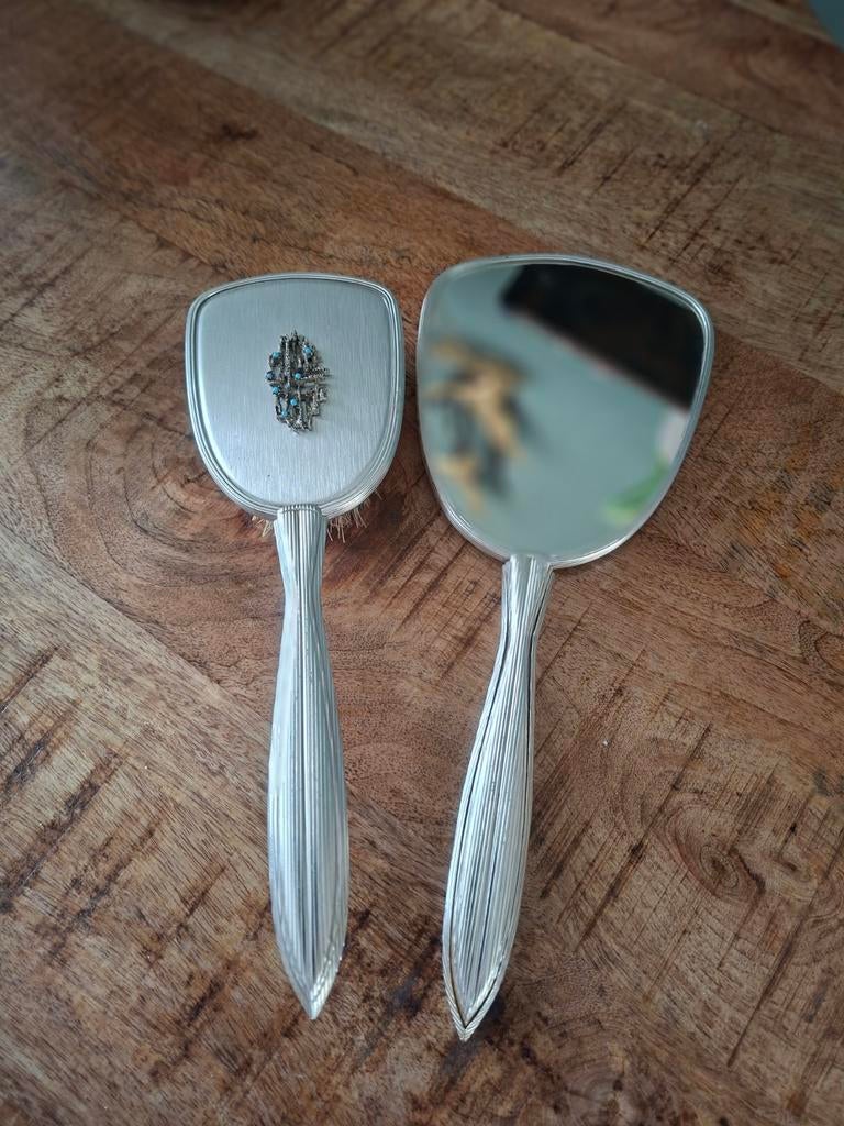 Vintage Zilverkleurige Spiegel en Borstel Set, Antiek en Kunst, Ophalen of Verzenden