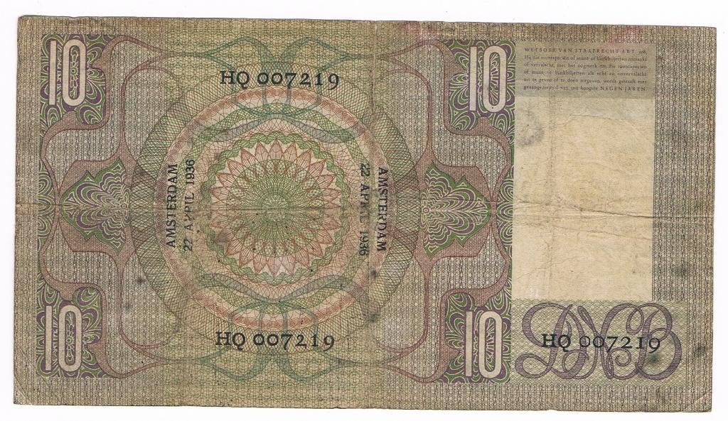 10 gulden 22 april 1936 Grijsaard, Ophalen of Verzenden, 10 gulden, Los biljet