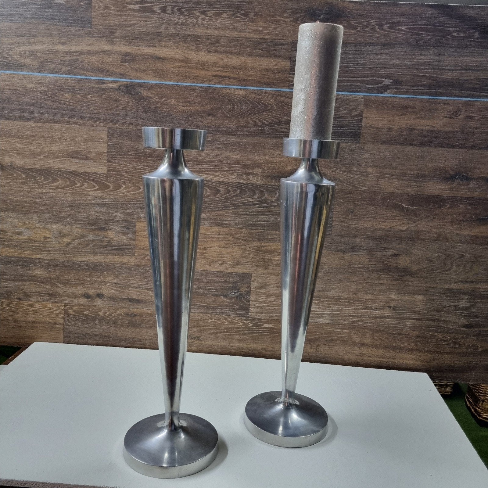 2 Chrome Kandelaars - 51 cm hoog, Gebruikt, Ophalen of Verzenden, Metaal, Kandelaar