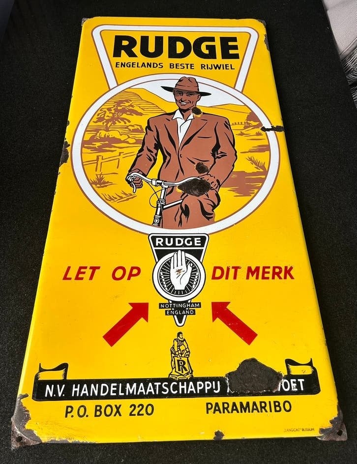 Zeldzaam nederlands emaille bord langcat rudge rijwielen, Ophalen, Gebruikt, Reclamebord