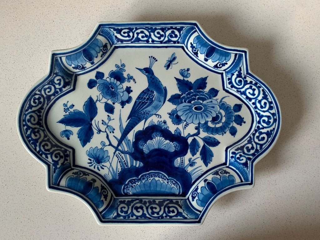 De Porceleyne Fles Delft Blauwe Plaque Vogel en Pioenroos, Ophalen of Verzenden