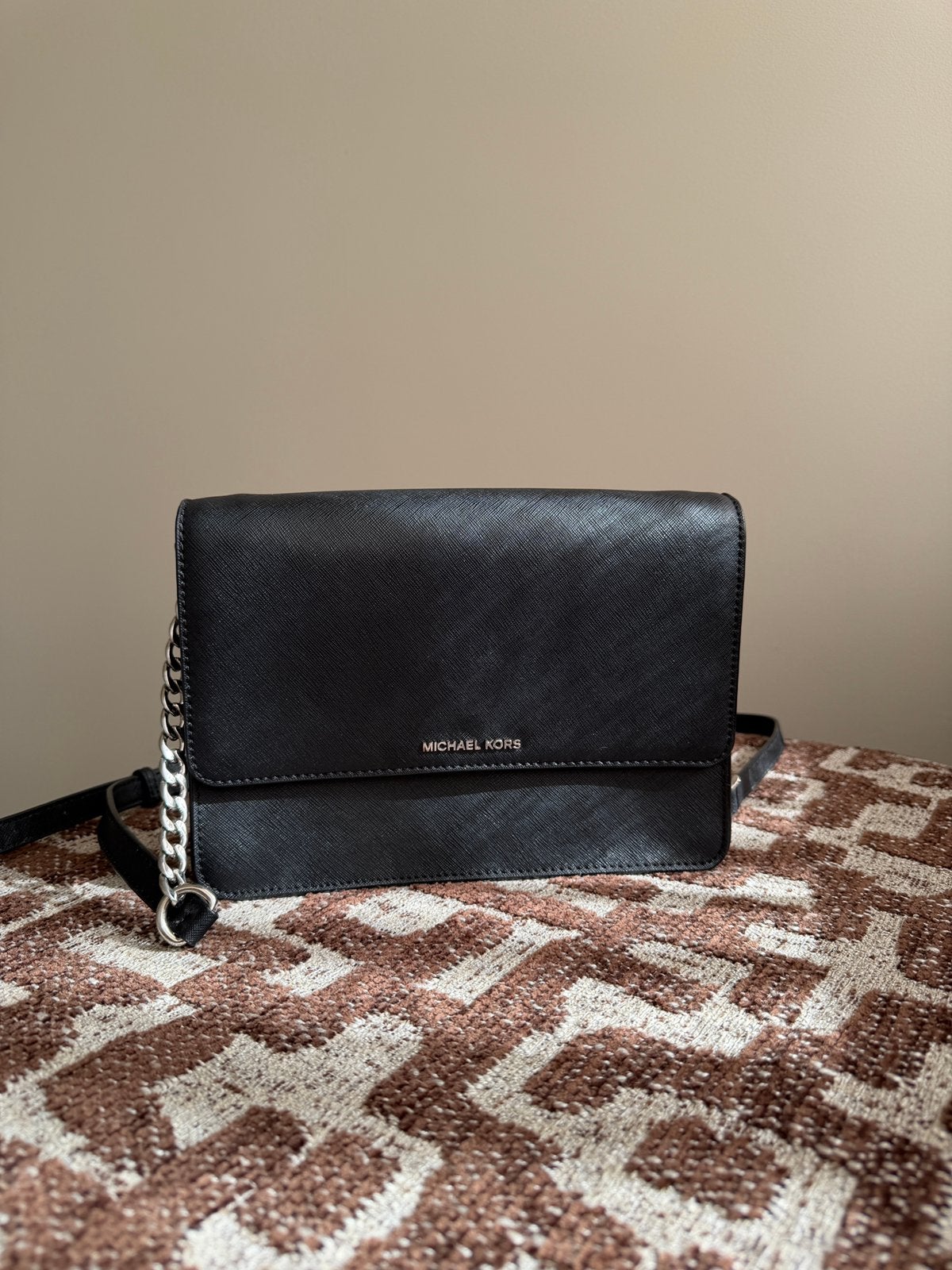 Michael Kors Jet Set Travel Large Crossbody/Wallet on Chain, Zwart, Zo goed als nieuw, Leer, Ophalen