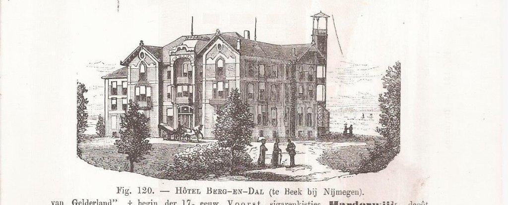 Beek bij Nijmegen Hotel Berg en Dal Houtgravure ca. 1879, 1800 - 1899, Stadsgezicht, 5 cm, Ophalen of Verzenden