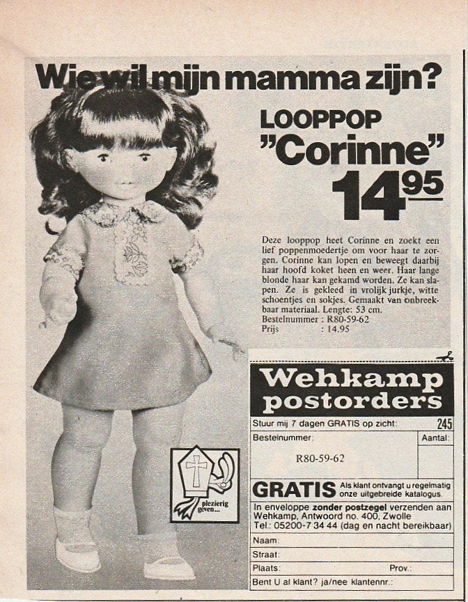 Retro reclame 1969 Wehkamp speelgoed pop Corinne, Verzenden, Overige typen