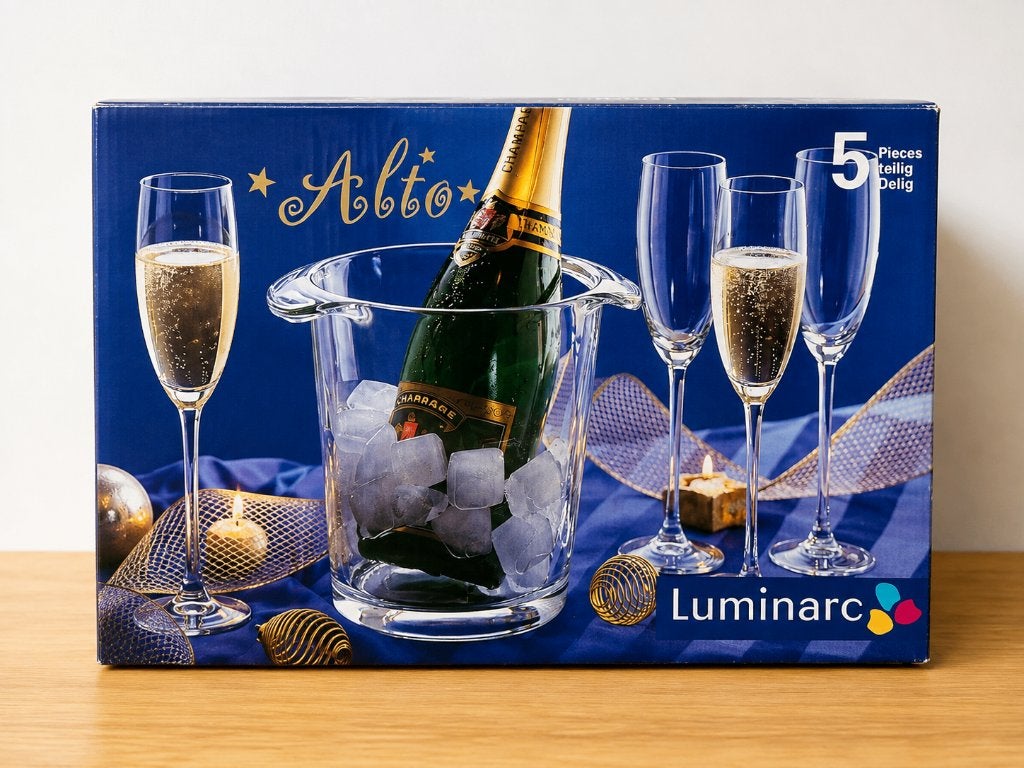 Luminarc Alto 5-delige set – 4 champagneglazen + ijsemmer, Ophalen of Verzenden, Nieuw, Glas, Overige stijlen