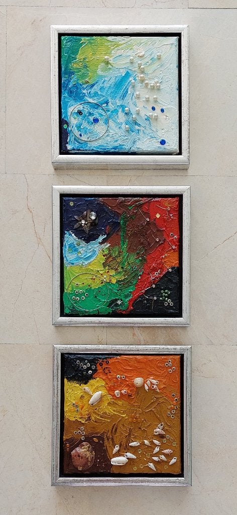 3 luik olieverf aarde bos lucht incl lijst 25 x 25, Antiek en Kunst, Ophalen of Verzenden