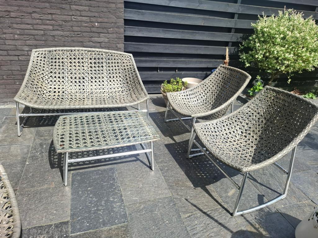 Hartman Loungeset met hangstoel en lichtgroene kussens, Tuin en Terras, Tuinsets en Loungesets, Ophalen, 4 zitplaatsen, Gebruikt