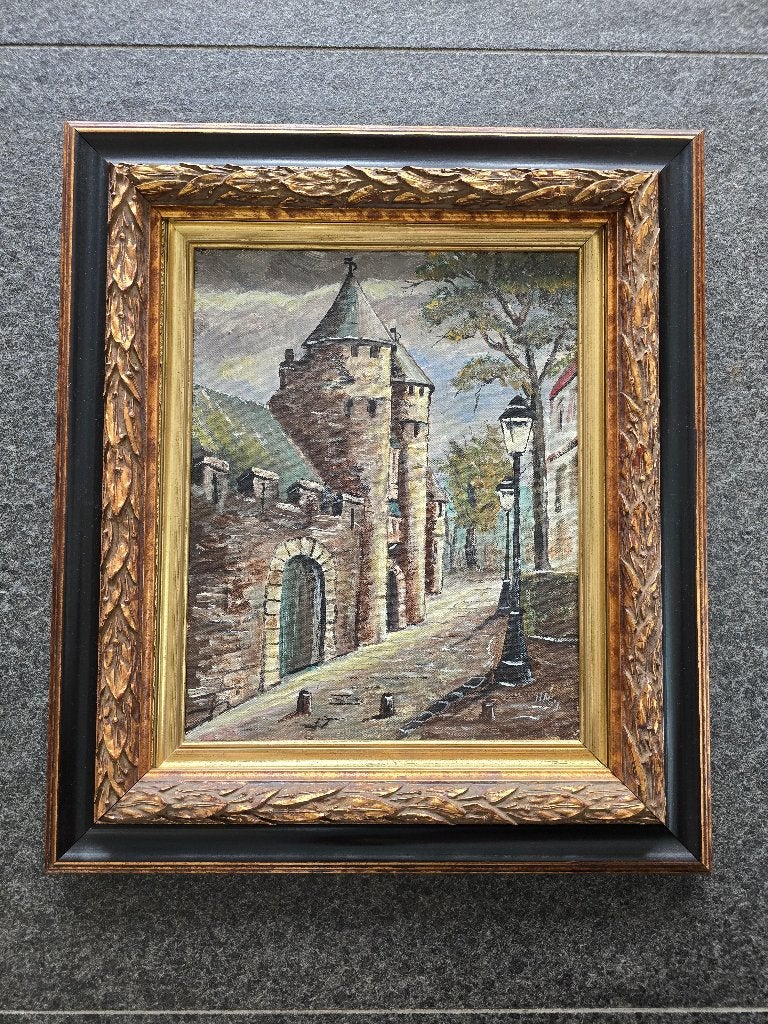 schilderij Helpoort Maastricht, Antiek en Kunst, Ophalen of Verzenden, Klassiek, Bijzondere lijst, Stads- / dorpsgezicht