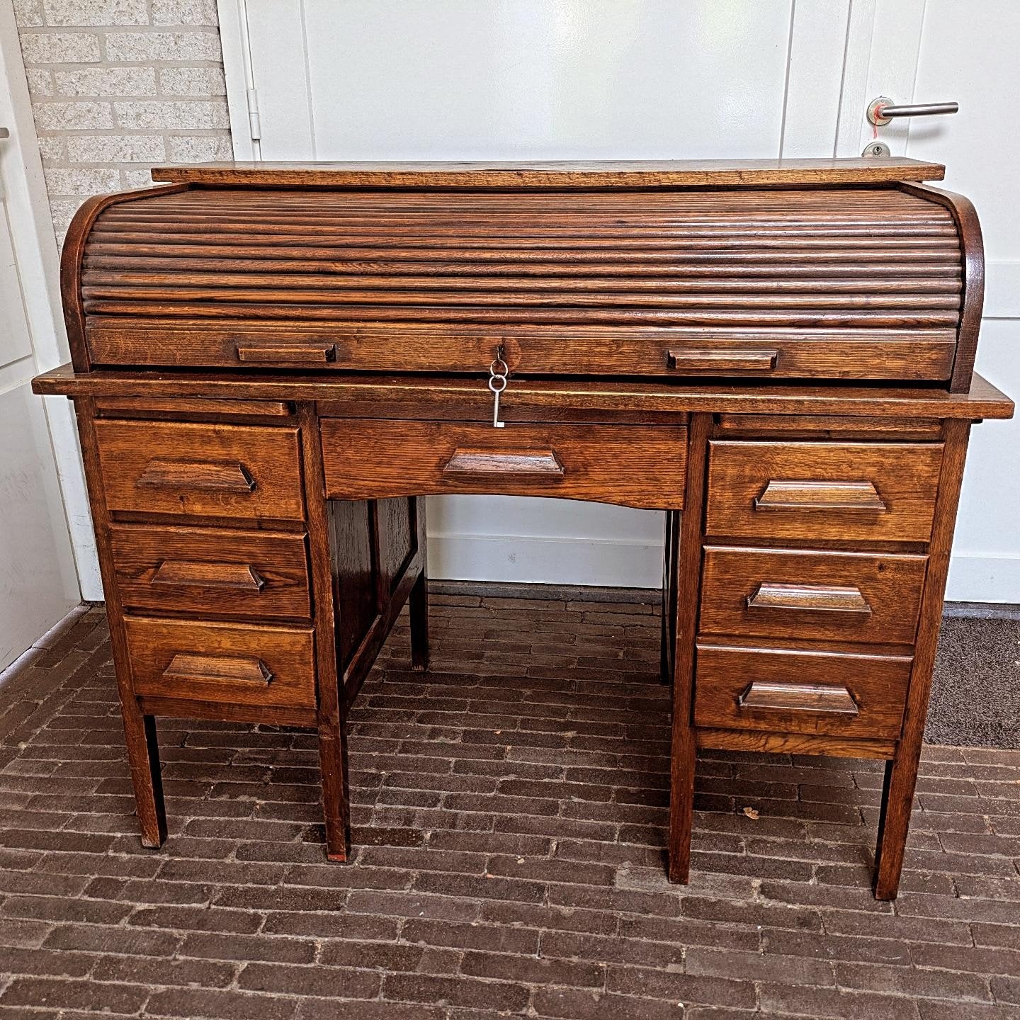 Antiek eiken rolluikbureau – ca. 1900–1930 | Rolltop Desk |, Ophalen of Verzenden, Gebruikt