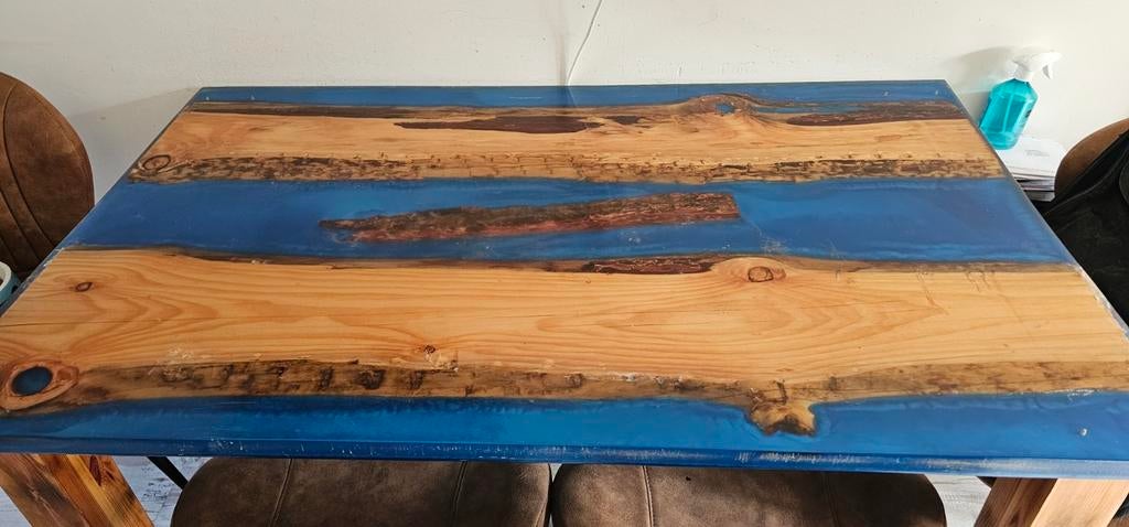 Unieke boomstam houten epoxy eet tafel, Ophalen of Verzenden, Rechthoekig, 50 tot 100 cm