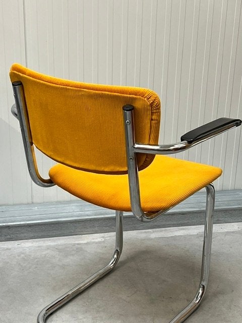 Jaren 70 sledestoel vintage eetkamerstoel geel ribstof retro, Gebruikt, Overige kleuren, ., Overige materialen