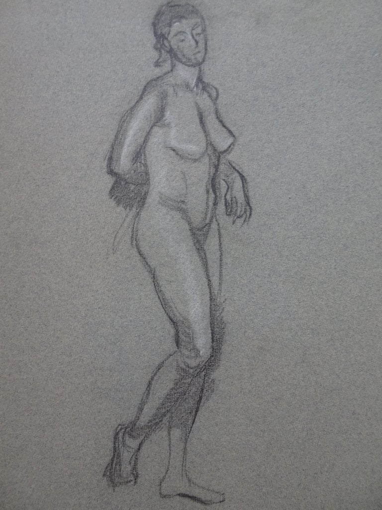 2 Houtskooltekeningen naakte vrouw knielend en staand 1930, Antiek en Kunst, Ophalen of Verzenden, Tekening, Houtskooltekening