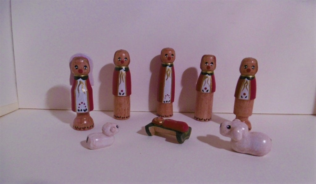 Oude houten Duits kerstgroep miniaturen pop Maria lam schaap, Diversen, Verzenden