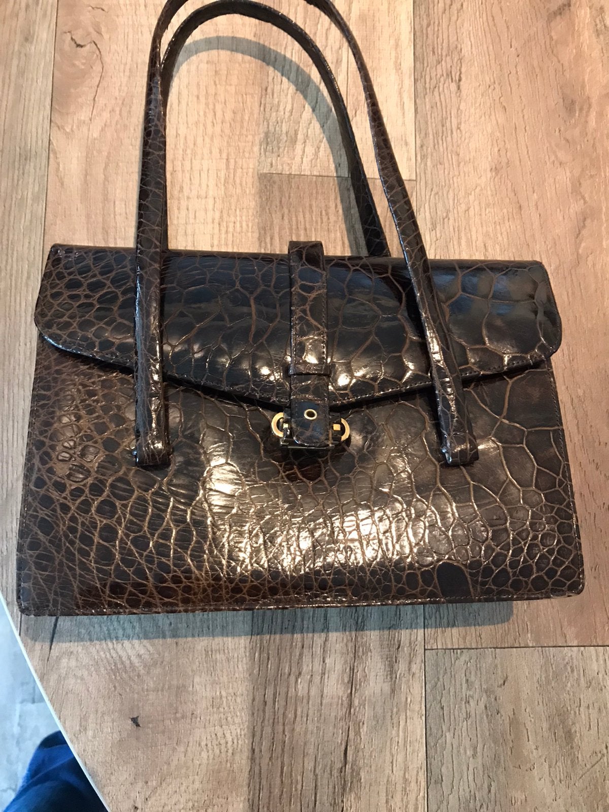 Krokodillen lederen vintage tas, Ophalen of Verzenden, Zo goed als nieuw, Bruin, Handtas