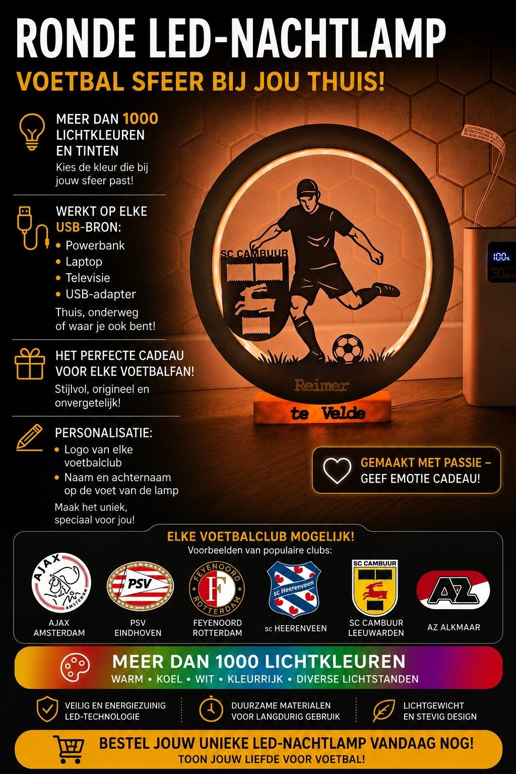 Gepersonaliseerde LED-lamp SC Cambuur - Voetbal Cadeau, Huis en Inrichting, Woonaccessoires | Overige, Zo goed als nieuw, Hout