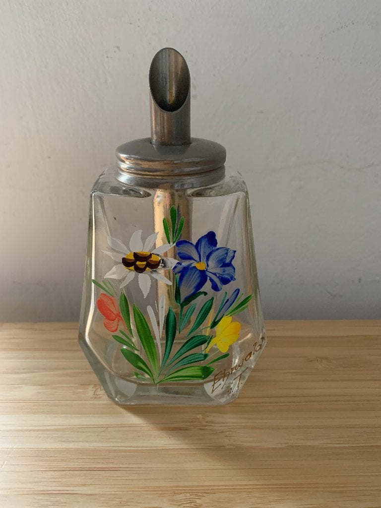 Vintage suikerstrooier van glas met bloemen, Huis en Inrichting, Overige typen, Ophalen of Verzenden, Overige stijlen, Glas