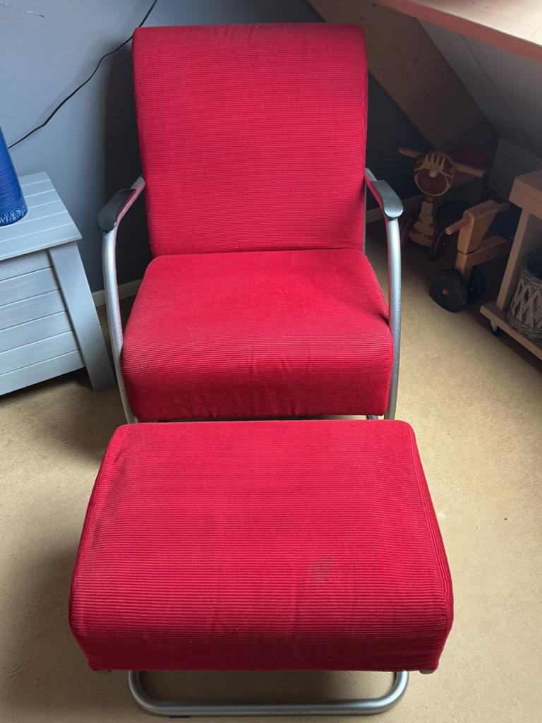 Woood Hallifax fauteuil met voetenbank, Huis en Inrichting, Fauteuils, Ophalen, Gebruikt, 75 tot 100 cm, Stof