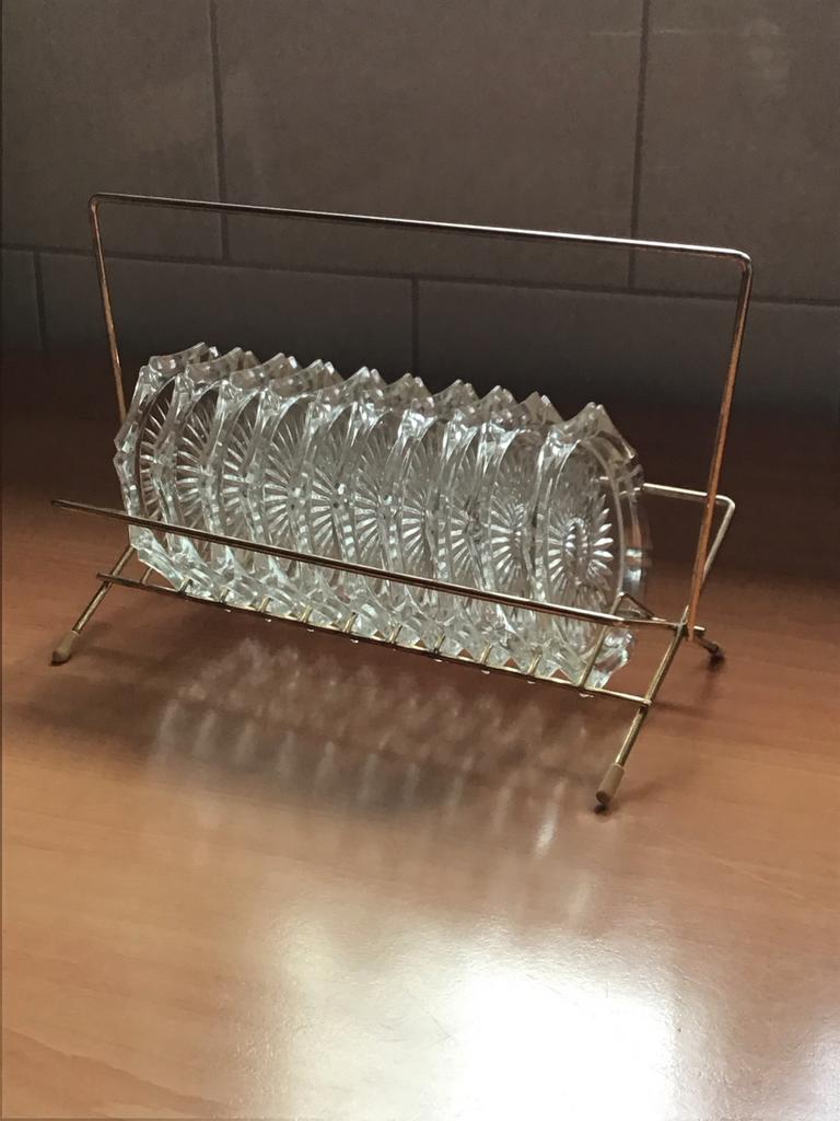 Vintage glazen onderzetters in rekje - Set van 10, Ophalen, Gebruikt