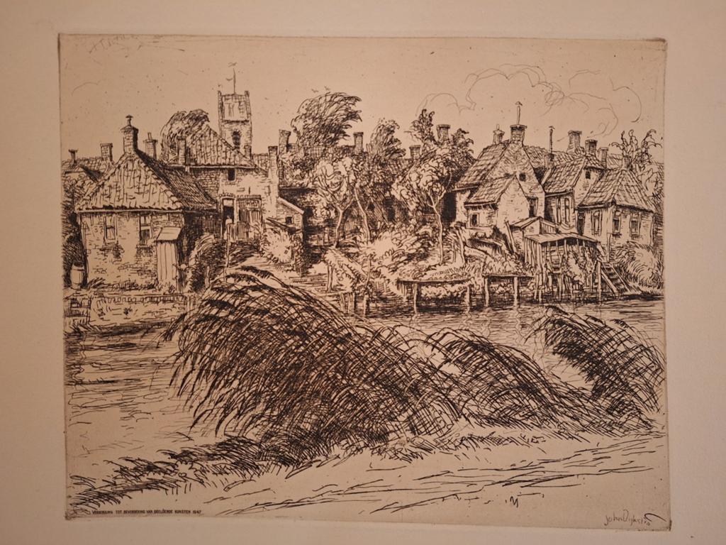 Ets Groningen van Johan Dijkstra, Ets, Stadsgezicht, Ophalen of Verzenden, Origineel