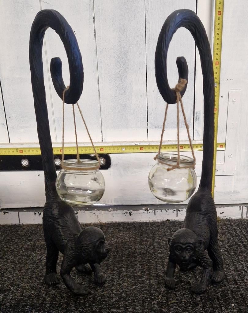 2 Apen Waxinehouders - Decoratieve Kaarsenstandaards, Gebruikt, 25 tot 50 cm, Zwart, Ophalen of Verzenden
