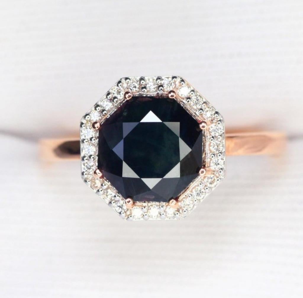 Prachtige Octagon Zwarte Diamant Ring met Halo, Sieraden, Tassen en Uiterlijk, Ringen, Nieuw, Ophalen of Verzenden, Dame, Goud