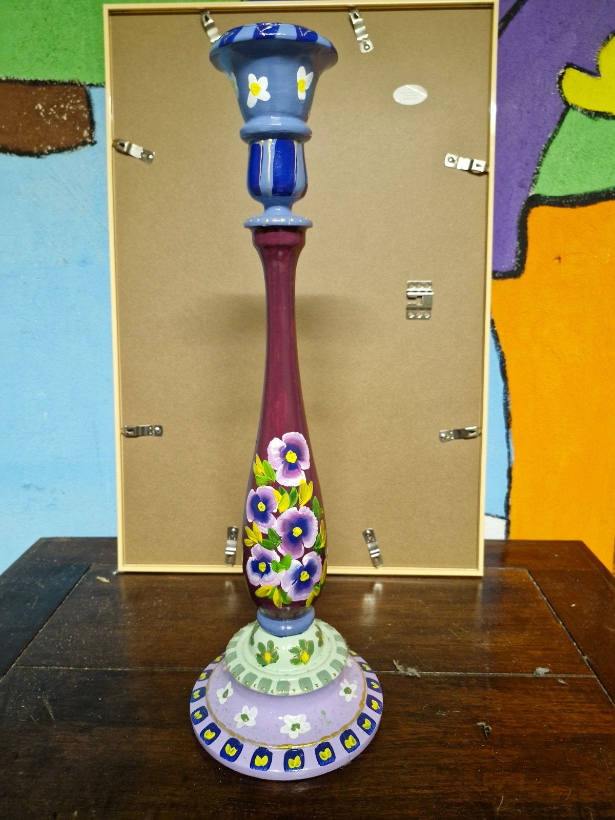 Handgeschilderde Kandelaar met Bloemenpatroon, Blauw, Ophalen of Verzenden, Zo goed als nieuw, Kandelaar