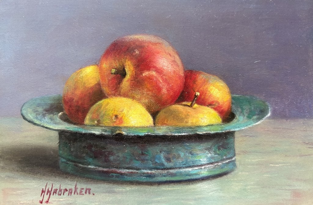 Hans Habraken (1946)- Stilleven met appels in koperen schaal, Paneel, Stilleven, Ophalen of Verzenden, Gesigneerd