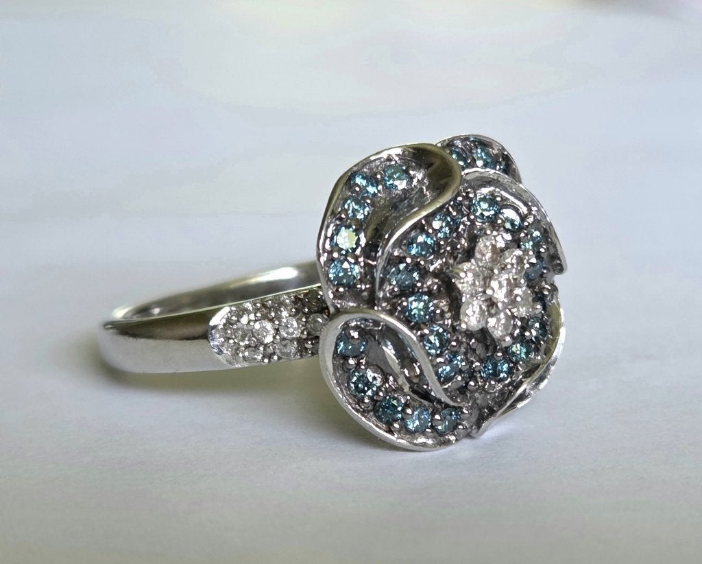 Zilveren ring  blauwe/groene diamanten en diamant. 2026/643, Ophalen of Verzenden, Zilver, Ring, Met edelsteen