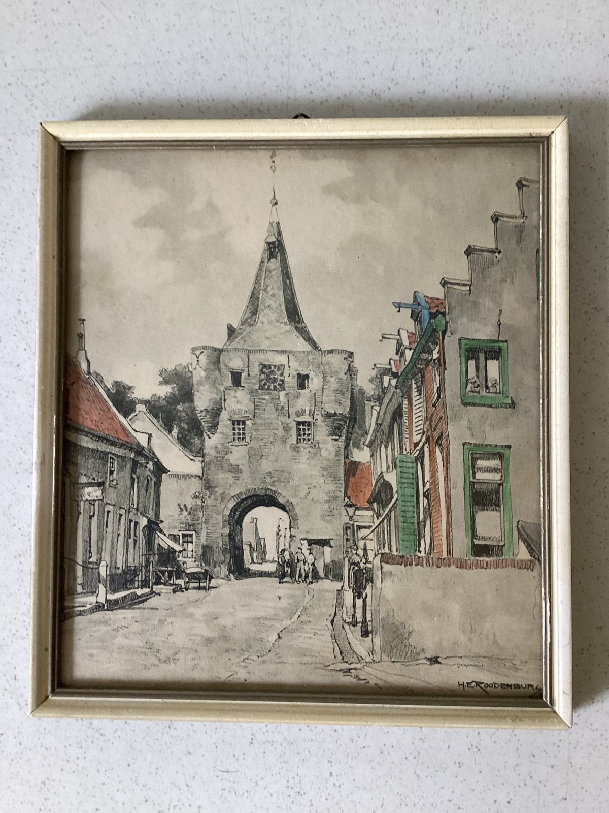 Prent van De Vischpoort te Elburg door H.E. Roodenburg, Ophalen of Verzenden, Print, Prent, Achter glas