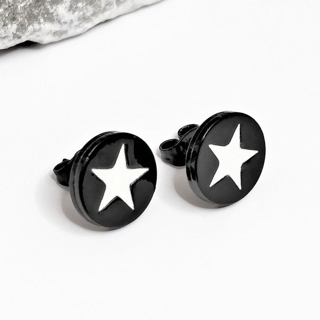 Zwarte Stalen Oorbellen met Witte Ster - RVS Dames of Heren, Sieraden, Tassen en Uiterlijk, Overige materialen, Birgitta-Gracht 33, 6465 EL Kerkrade, Nederland