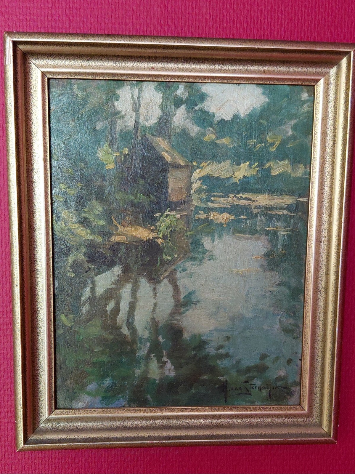 Olieverfschilderij van een landschap met water en huisje, Ophalen, Doek, Realistisch, Origineel werk