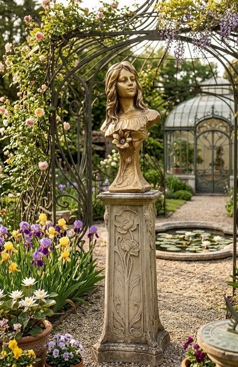 Mooie Art Nouveau betonnen buste 63 cm. hoog, Ophalen, Art nouveau, Beschilderd, 50 - 100 cm