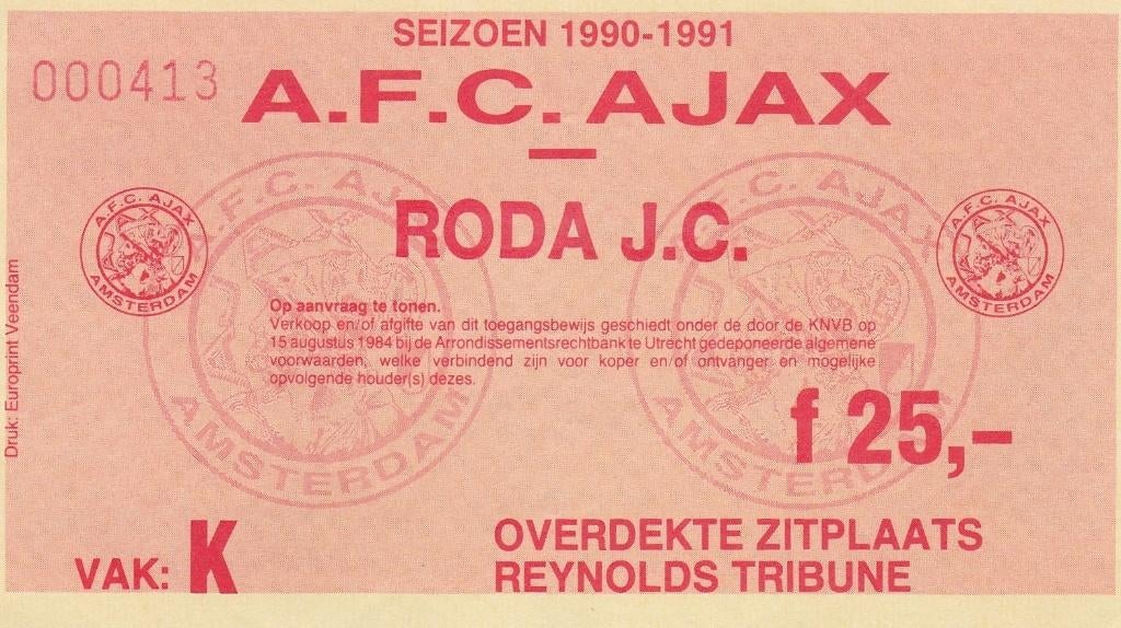 Ticket:Ajax v RODA JC 1990/1991, Verzamelen, Verzenden, Gebruikt, Ajax, Overige typen