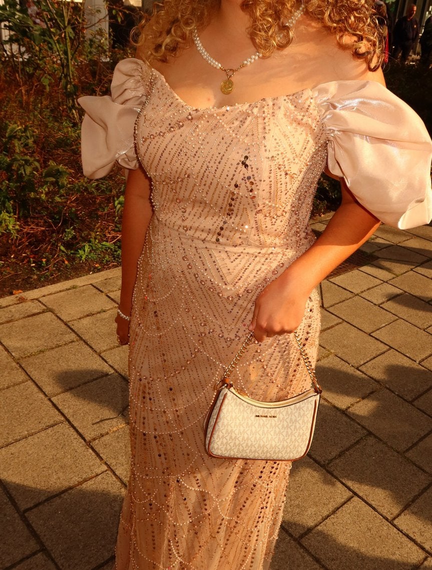 Elegante Galajurk met Pofmouwen en Pailletten, Ophalen, Galajurk, Beige, Maat 42/44 (L)