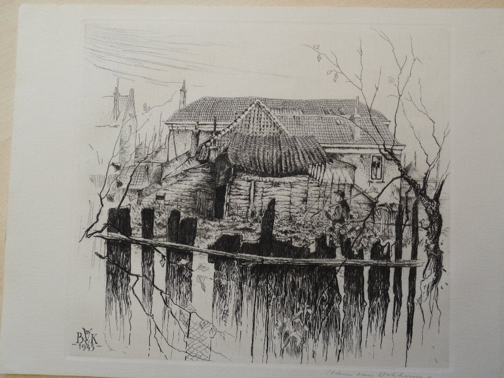 Ets boerderij in Limburg met boer, Hans van Dokkum, 1945, Antiek en Kunst, Architectuur, Met monogram, 1900 - 1949, Verzenden