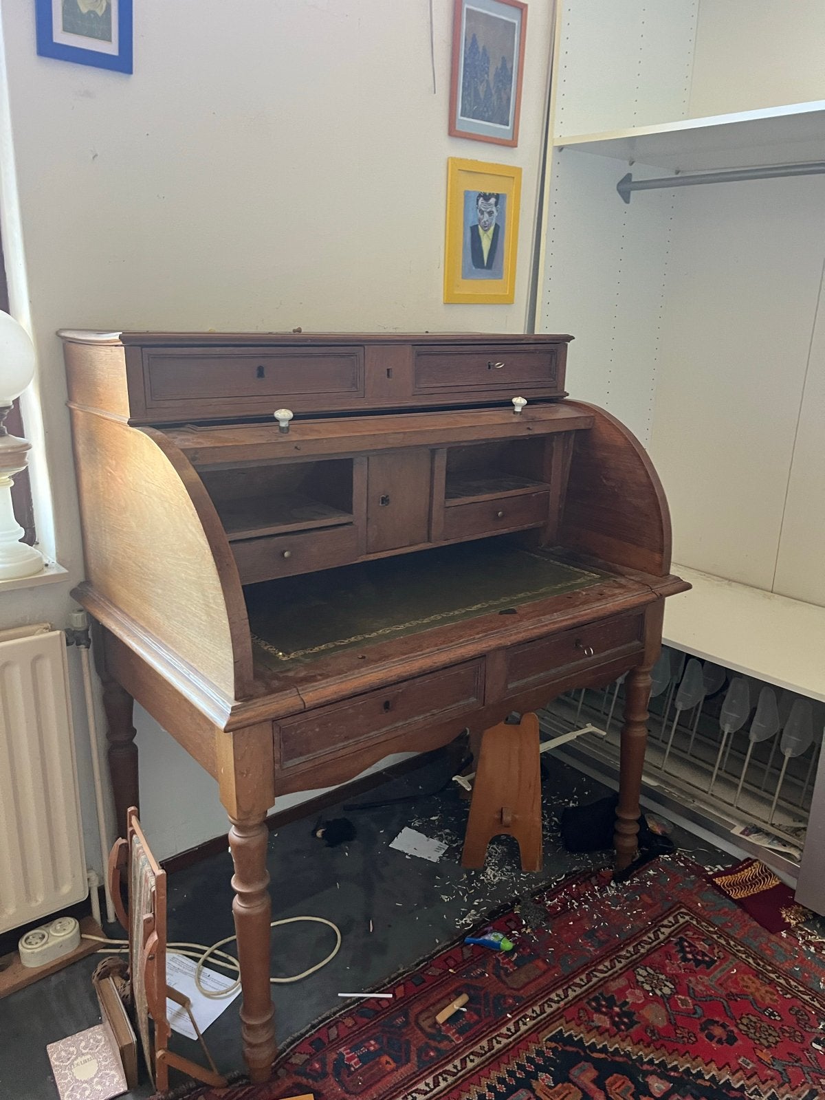 Antiek rolluikbureau met lederen inleg, Ophalen of Verzenden
