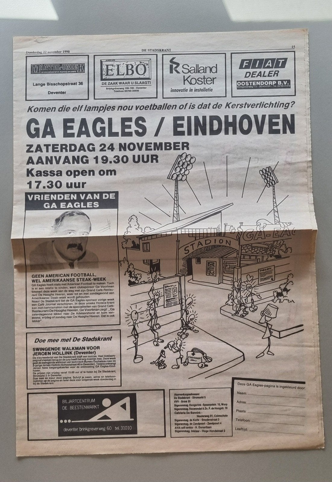 Krantenpagina GA Eagles - Eindhoven (1990), Verzamelen, Ophalen of Verzenden, Zo goed als nieuw, Overige binnenlandse clubs, Overige typen