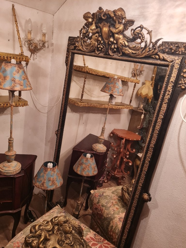 Antieke schouwspiegel met engelen kuif, Ophalen, Rechthoekig, 50 tot 100 cm, 150 tot 200 cm