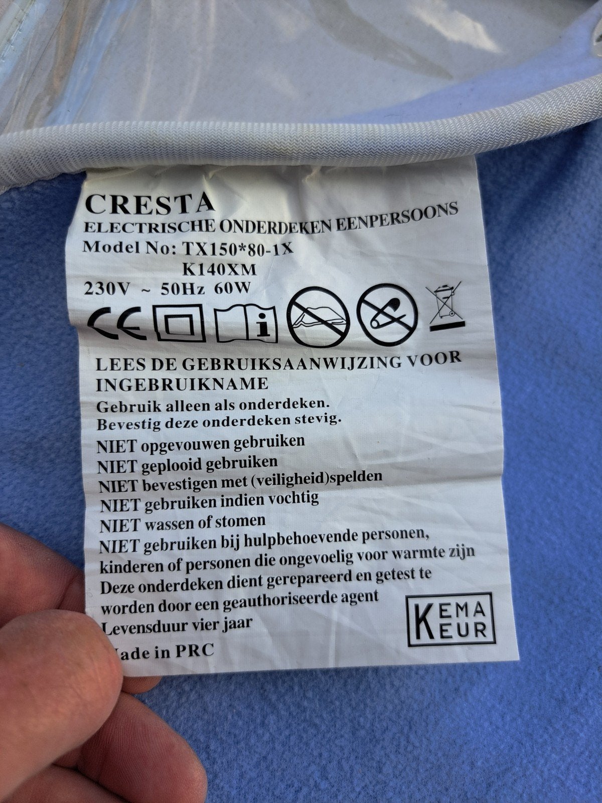 Cresta Elektrisch Onderdeken Eenpersoons - Blauw, Gebruikt, Overige merken, Eenpersoonsbed, Ophalen of Verzenden